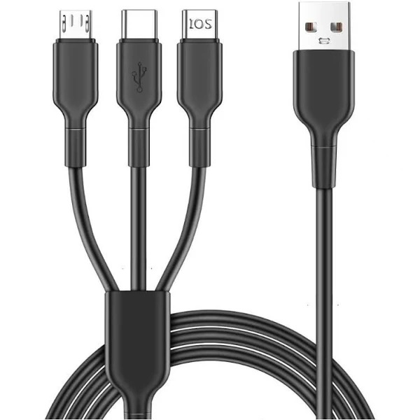  USB Кабель micro 3в1 (Type-C + Micro USB + Lightning) (серый, черный, золотой, белый, розовый) 