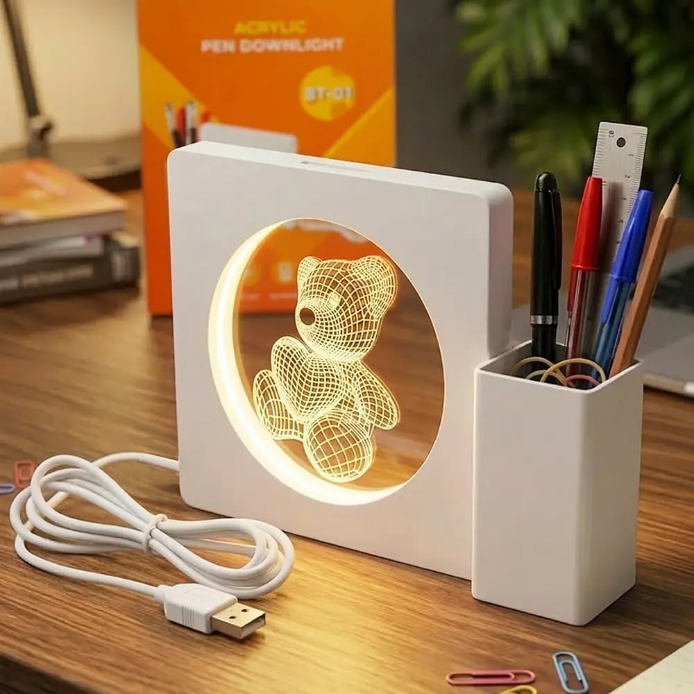  Акриловый светильник-стакан мишка  2D, USB, Белый / Декоративный светильник с подставкой для ручек теплый ночник  