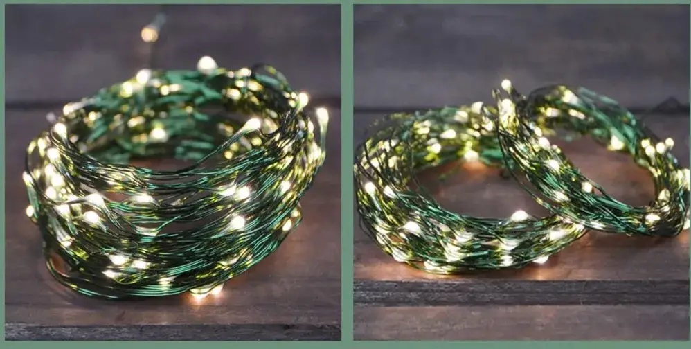  Гирлянда светодиодная. Роса. Зеленая медная проволка. 200 led. 15м.  Теплый свет 