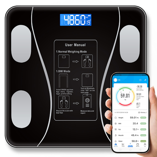  Разумные напольные весы до 180 кг с Bluetooth A-8003 Черные  