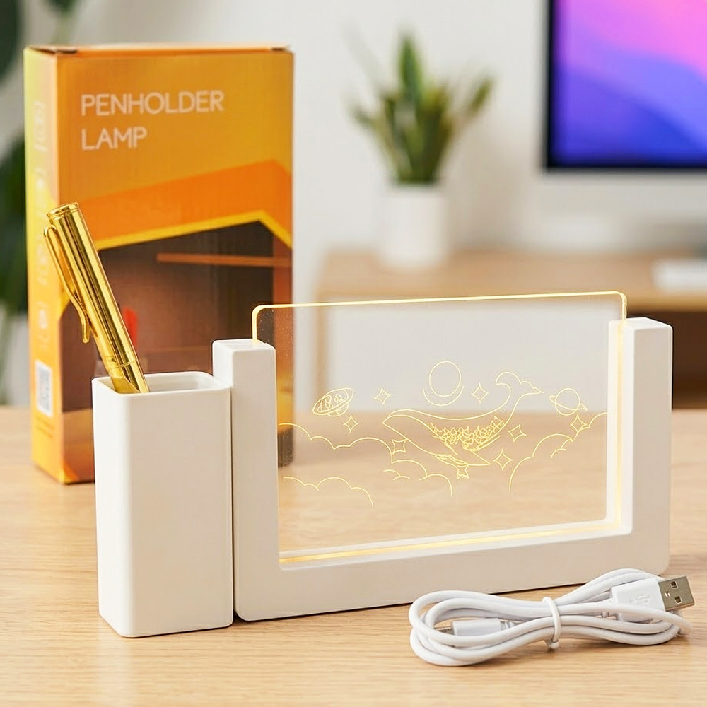  Акриловый светильник-стакан Кит 2D, USB, Белый / Декоративный светильник с подставкой для ручек теплый ночник  
