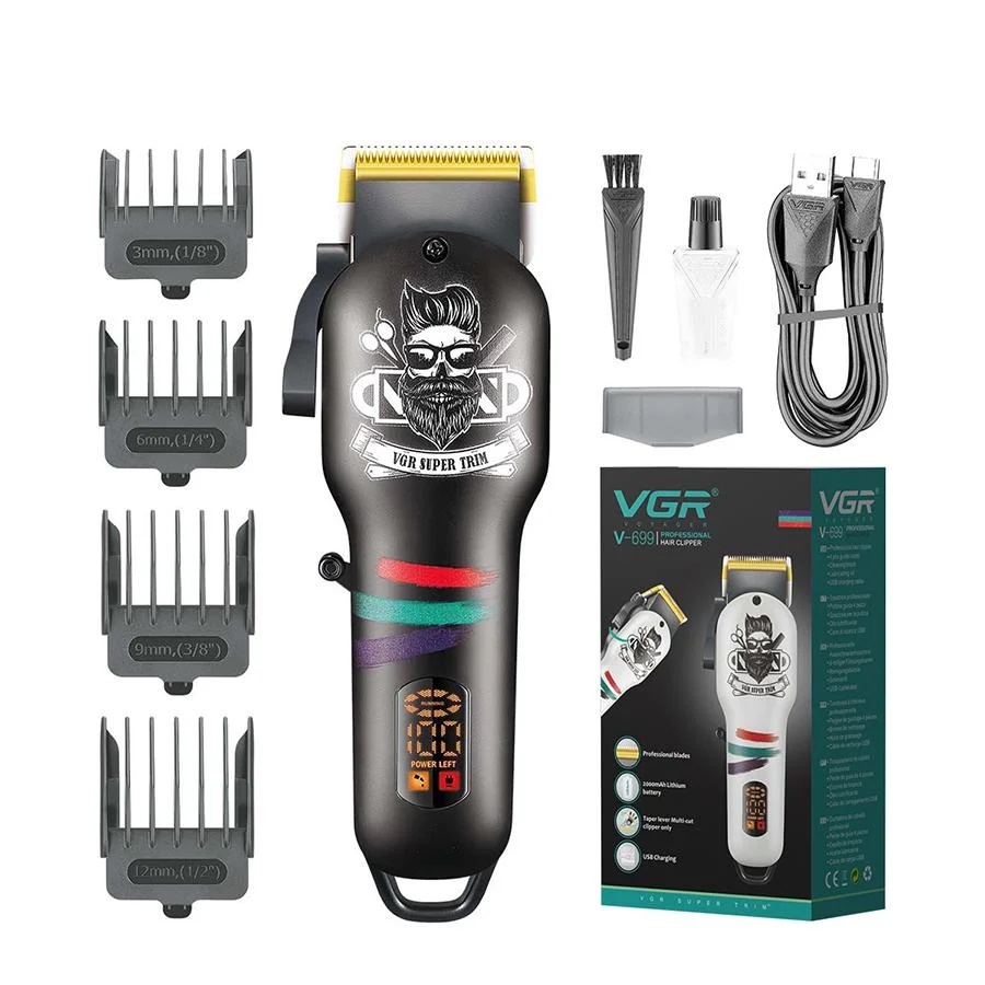  Машинка для стрижки волос и бороды профессиональная VGR V-699 с насадками и LED дисплеем аккумуляторная черная (V699B) 
