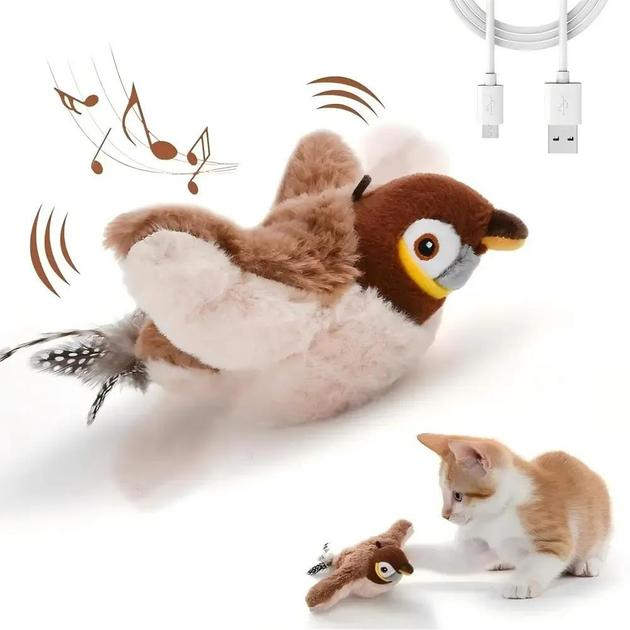  Интерактивная игрушка для кошек летающая птичка воробей для кота птица машет крыльями USB 